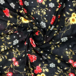 Bright floral print fabric on black base, opaque and structured feel